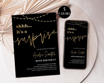 May include: Black and gold printable invitation for an 80th birthday party. The invitation says "shhh... it's a surprise" and includes the name "Andrew Smith's" and the date and time of the party.