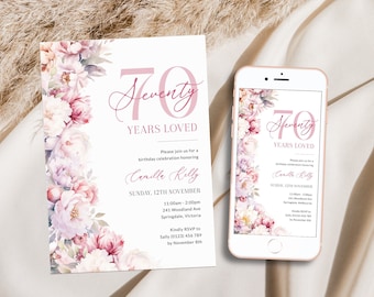 Floral 70 Years Loved Birthday Invitation Template, Pink 70th Birthday Invitation For Women, Elegant 70th Invite for Her Seventy, Corjl PP89