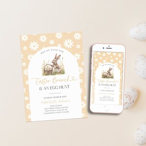 Yellow Easter Egg Hunt Brunch Invite Printable, Arch Easter Celebration Invitation Digital, Editable Easter Bunny, Flower Spring, Corjl PP82