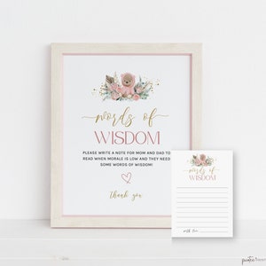 Words of Wisdom for New Parents, Boho Baby Shower Advice Cards, Pink Teddy Bear, Editable Words Encouragement, Well Wishes, Girl, Corjl PP53