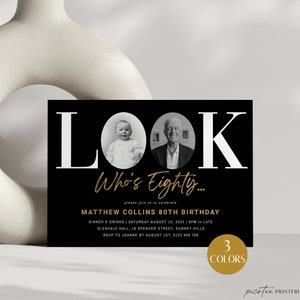 Look Who&#39;s 80 Invitation With Photo Men, 80th Birthday Invite For Him, Gold Foil Black Eighty Digital Invite, Editable Template, Corjl PP68