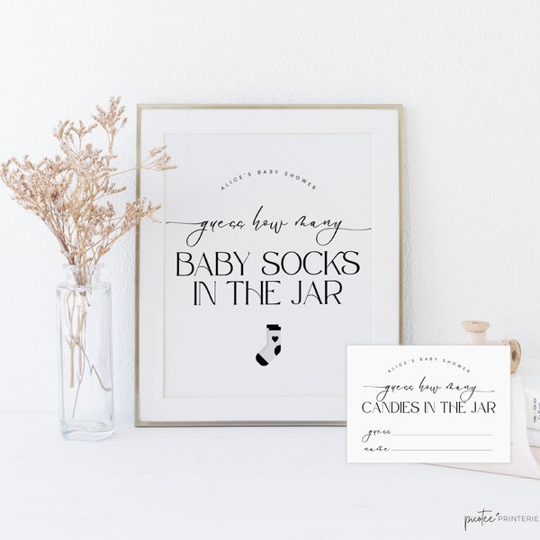 Guess How Many Baby Socks are in the Jar Game, How Many Baby Socks Sign, Minimalist Baby Shower, Gender Neutral, Instant Download Corjl PP50