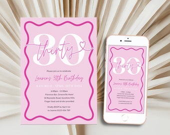 Pink Wavy Border Invite 30th Birthday For Her, Modern Scalloped Party Invitation Printable, Editable Wavy Invite, Thirty Digital, Corjl PP84