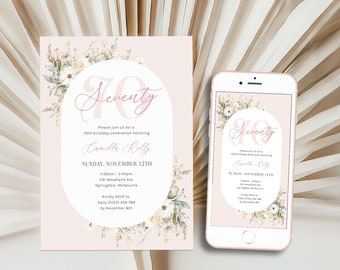 Floral 70th Birthday Invitation Template Women, Pink Flowers 70th Birthday Digital Invite for Her, Elegant 70th Party, Seventy, Corjl PP91