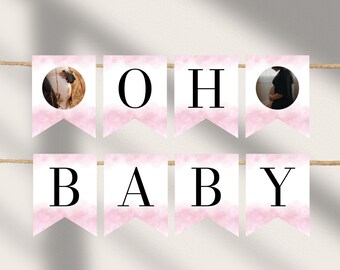 Baby Shower Bunting Banner Printable, Oh Baby Bunting, Pink Wall Banner, Editable Baby Shower Decor, DIY Garland Pennant, Girl, Corjl PP55