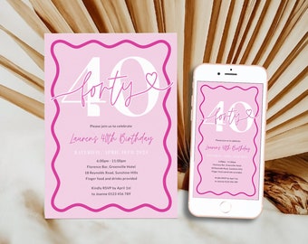 May include: Pink and white birthday invitation with a cursive font that says "forty" with a heart. The invitation is for a 40th birthday party and includes the date, time, location, and RSVP information.