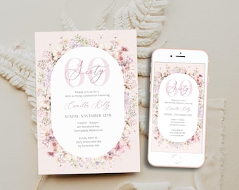 Floral 60th Birthday Invitation Template Women, Pink Purple Flowers 60th Birthday Digital Invite for Her, Elegant Party Sixty, Corjl PP92