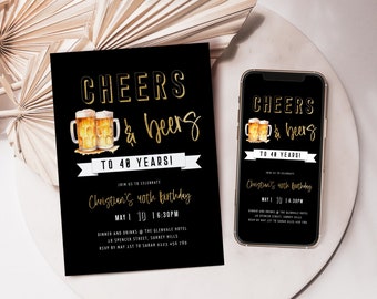 Cheers and Beers to 40 Years Invitation for Him, Mens 40th Birthday Beer Invite, Cheers to 40 Years, Forty Gold Black, Editable, Corjl PP76