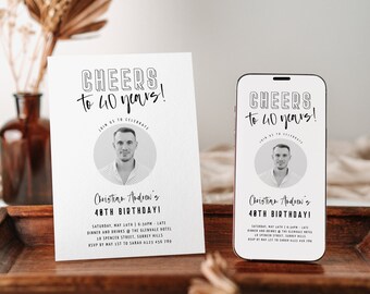 Cheers to 40 Years Invitation Printable, Mens 40th Birthday Invite with Photo, Forty Digital Invite For Him, Minimalist, Editable Corjl PP76