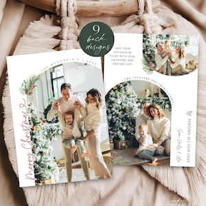 Plantilla de foto de tarjeta navideña editable con arco, collage de fotos familiar moderno de Feliz Navidad para imprimir, tarjeta personalizable para las fiestas, Corjl PP78