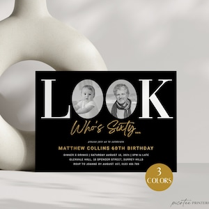 Look Who's 60 Invitation With Photo Men, 60th Birthday Invite For Him, Gold Foil Black Sixty Digital Invite, Editable Template, Corjl PP68