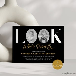 Look Who's 70 Invitation With Photo Men, 70th Birthday Invite For Him, Gold Foil Black Seventy Digital Invite, Editable Template, Corjl PP68