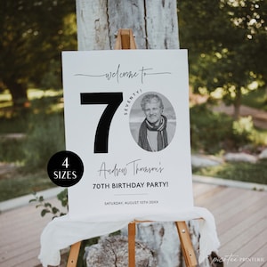 Modern 70th Birthday Welcome Sign with Photo, Men&#39;s Birthday Party Welcome Poster, Editable Welcome Board for Him, Seventy Decor, Corjl PP39