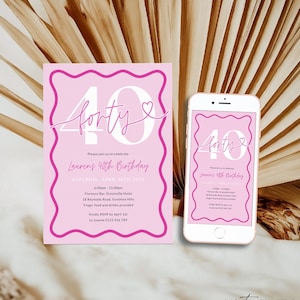 May include: Pink and white birthday invitation with a cursive font that says "forty" with a heart. The invitation is for a 40th birthday party and includes the date, time, location, and RSVP information.