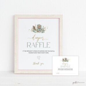Diaper Raffle Game, Bring a Pack of Diapers, Sage Green Bear, Diaper Raffle Sign Ticket, Insert, Boho Teddy Bear, Gender Neutral, Corjl PP51