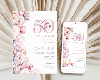 Floral 50 Years Loved Birthday Invitation Template, Pink 50th Birthday Invitation For Women, Elegant 50th Invite for Her, Fifty, Corjl PP89