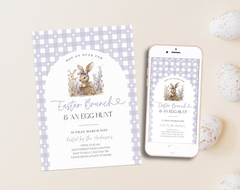 Purple Easter Egg Hunt Brunch Invite, Printable Easter Celebration Invitation Digital, Gingham Plaid Spring Pastel, Editable, Corjl PP82