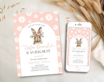Easter Egg Hunt Brunch Invite Printable, Arch Easter Brunch Party Invitation Digital, Editable Easter Bunny, Pink Flower Spring, Corjl PP82