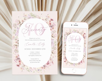 Floral 70th Birthday Invitation Template Women, Pink Purple Flowers 70th Birthday Digital Invite for Her, Elegant Party Seventy, Corjl PP92