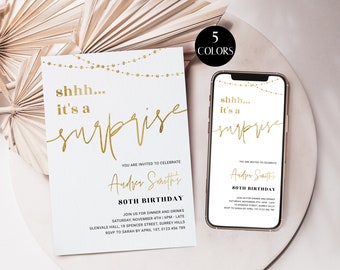 May include: Gold foil 80th birthday party invitation with a white background and a string of lights. The invitation says "shhh... it's a surprise" and includes the name "Ander Smith's" and the date and time of the party.