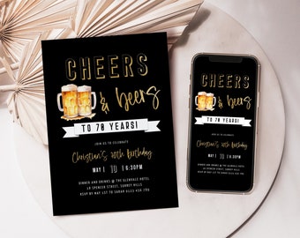 Cheers and Beers to 70 Years Invitation for Him, Mens 70th Birthday Beer Invite, Cheers to 70 Years, Seventy Gold Black, Editable Corjl PP76