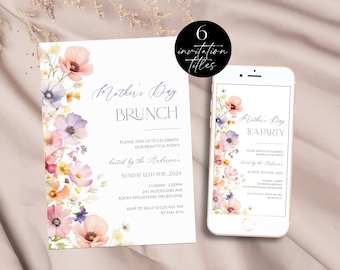Wildflower Floral Mother's Day Brunch Invitation, Printable Mother's Day Tea Party Invite, Editable Mother's Day Lunch Digital, Corjl PP83