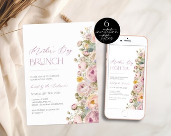 Mother's Day Floral Brunch Invitation Printable, Mother's Day Lunch Invite, Editable Moms and Mimosas Digital, Bubbly and Brunch, Corjl PP83