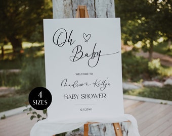 Pode incluir: Um cartaz branco com caligrafia preta que diz "Oh Baby" com um símbolo de coração. O cartaz também diz "Bem-vindo ao Chuveiro de Bebê de Madison Kelly" e a data "10.11.20XX".