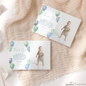 1st Birthday Thank You Card Template, Printable Photo Thank You Note, Editable Instant Download, Blue Green Balloon Thanks Favor, Corjl PP32