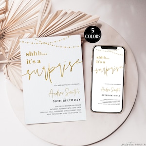 Surprise 50th Birthday Invitation Women, Shhh It&#39;s A Surprise Invite Printable 50, Adult Fifty Digital Invite For Her, Rose Gold, Corjl PP74