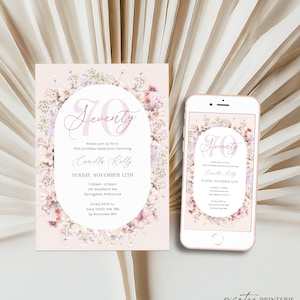 Floral 70th Birthday Invitation Template Women, Pink Purple Flowers 70th Birthday Digital Invite for Her, Elegant Party Seventy, Corjl PP92