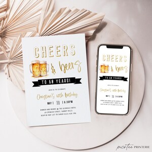 Cheers and Beers to 60 Years Birthday Invitation for Him, Cheers to 60 Years Invite, Mens 60th Party Printable, Sixty Gold Foil, Corjl PP76