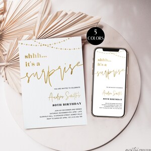 Surprise 80th Birthday Invitation Women, Shhh It&#39;s A Surprise Invite 80 Printable, Adult Eighty Digital Invite For Her, Rose Gold Corjl PP74