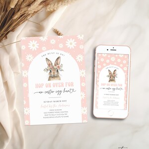 Spring Easter Egg Hunt Invitation Printable, Pink Flowers Easter Celebration Invite, Editable Easter Bunny Digital, Hop On Over, Corjl PP82