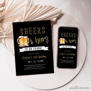 Cheers and Beers to 60 Years Invitation for Him, Mens 60th Birthday Beer Invite, Cheers to 60 Years, Sixty Gold Black, Editable, Corjl PP76