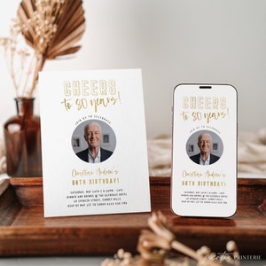 Cheers to 80 Years Invitation with Photo, Men 80th Birthday Invite Printable, Digital Invite For Him Eighty, Gold Foil, Editable, Corjl PP76