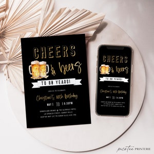 Cheers and Beers to 80 Years Invitation for Him, Mens 80th Birthday Beer Invite, Cheers to 80 Years, Eighty Gold Black, Editable, Corjl PP76