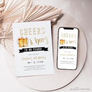 Cheers and Beers to 80 Years Birthday Invitation for Him, Cheers to 80 Years Invite, Men 80th Party Printable, Eighty Gold Foil, Corjl PP76