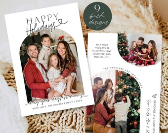 Modern Arch Happy Holidays Card Photo Template, Family Christmas Photo Collage Card, Editable Customizable Holiday Printable DIY, Corjl PP78