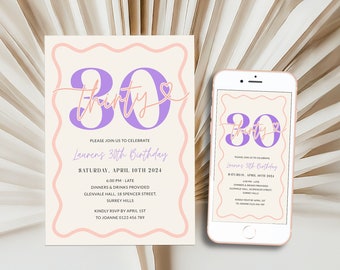 Wavy Border 30th Birthday Invitation Women, Purple Scalloped 30th Party Invite for Her Printable, Modern Editable 30th Digital, Corjl PP84