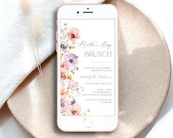Digital Wildflower Mother&#39;s Day Brunch Floral Invitation, Electronic Mothers Day Party Phone Invite, Editable Mother&#39;s Day Lunch, Corjl PP83