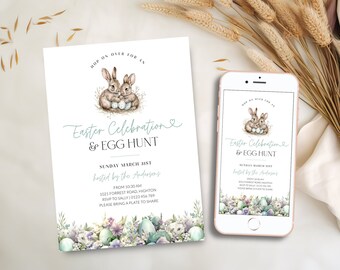 Mint Easter Celebration Invite Printable, Spring Easter Egg Hunt Invitation Digital, Editable Pastel Easter Bunny Invite, Spring, Corjl PP82