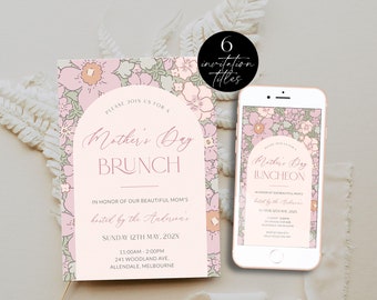Pink Floral Mother's Day Brunch Invitation, Printable Mothers Day Party Invite, Editable Moms and Mimosas, Bubbly Brunch, Digital Corjl PP83