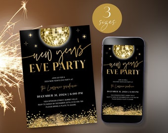 New Years Eve 2024 Invitation Template, Gold Disco Ball New Years Eve Party Invite, Digital NYE Party Invite, Editable, Black Gold, Corjl