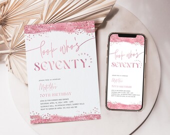 Rose Gold 70th Birthday Invitation For Women, 70th Birthday Party Invite for Her, Editable Seventy Digital, Women's 70th, Glitter Corjl PP79