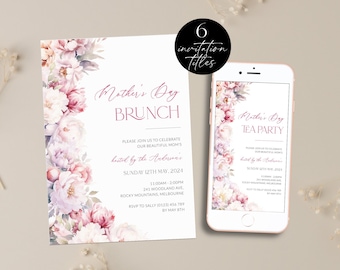 Pink Peonies Floral Mother's Day Brunch Invitation, Printable Mother's Day Tea Party Invite, Editable Mother's Day Lunch Digital, Corjl PP83
