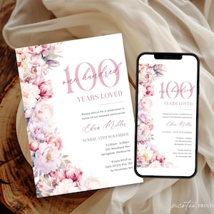 Floral 100th Birthday Invitation For Women, Pink 100 Years Loved Invite Template For Her, Elegant One Hundred Centenary Flowers, Corjl PP89