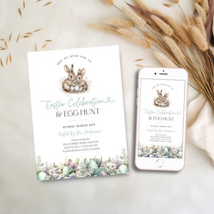 Mint Easter Celebration Invite Printable, Spring Easter Egg Hunt Invitation Digital, Editable Pastel Easter Bunny Invite, Spring, Corjl PP82