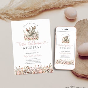 Pink Easter Celebration Invitation Printable, Spring Easter Egg Hunt Invite Digital, Editable Easter Bunny, Floral Easter Brunch, Corjl PP82