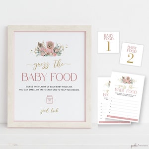Guess The Baby Food, Boho Baby Food Baby Shower Game, Pink Teddy Bear, Editable Guessing Game, Baby Food Tasting, Download, Girl, Corjl PP53